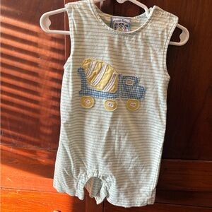 Three Sisters- Striped Mint & Yellow Truck Appliqué One-Piece Romper - Kids